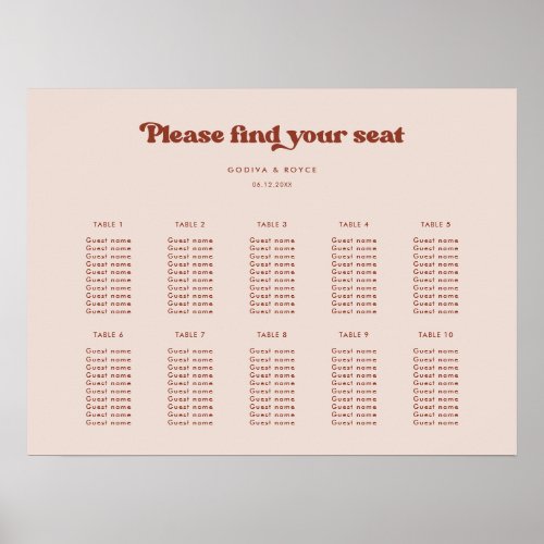 Stylish retro Peach Pink Wedding seating chart