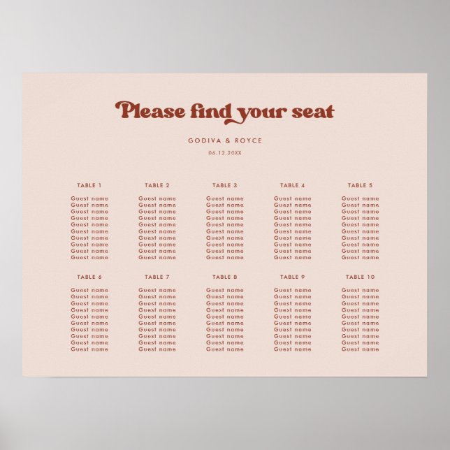 Stylish retro Peach Pink Wedding seating chart (Front)