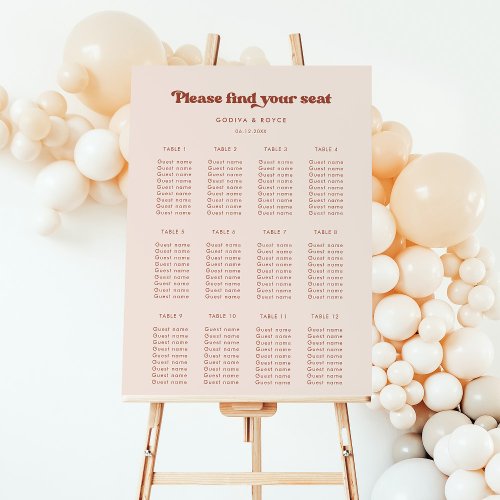 Stylish retro peach pink wedding seating chart foam board