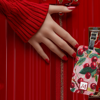 Stylish Retro Pink and Red Monogrammed Cherry  Luggage Tag