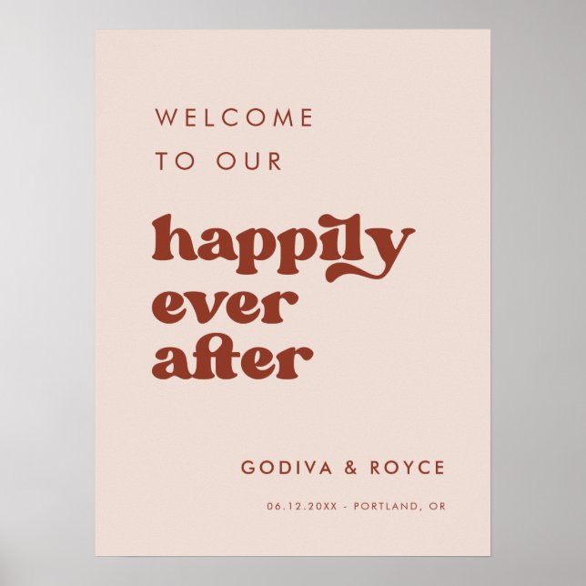 Stylish retro pink Happily Ever After Welcome Poster (Front)
