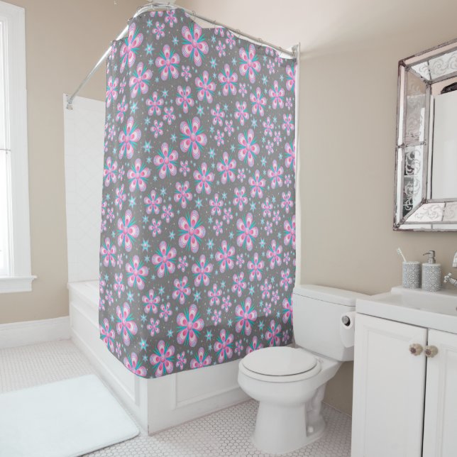 Stylish Retro Pink & Turquoise Floral Design Shower Curtain (In Situ)