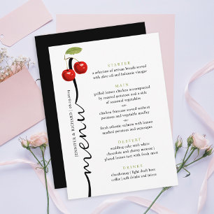 Stylish Retro Red Green Cherries Wedding Flat Menu