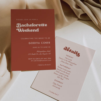 Stylish Retro Terracotta Bachelorette Weekend Invitation by LemonBox at Zazzle
