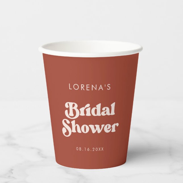 Stylish retro Terracotta Bridal Shower Paper Cups (Front)