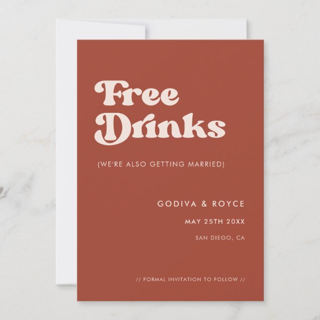 Stylish retro Terracotta Free drinks Save The Date (Front)