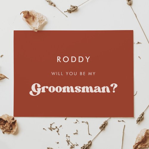 Stylish retro terracotta groomsman proposal card