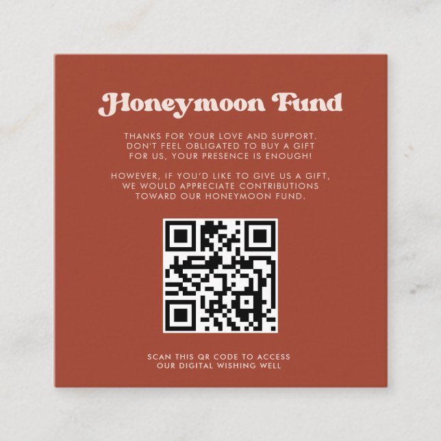 Stylish retro Terracotta Honeymoon fund QR code Enclosure Card (Front)