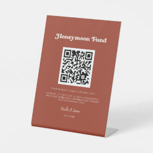 Stylish retro Terracotta Honeymoon fund QR code Pedestal Sign