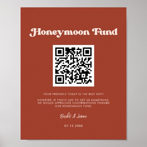 Stylish retro Terracotta Honeymoon fund QR code Poster