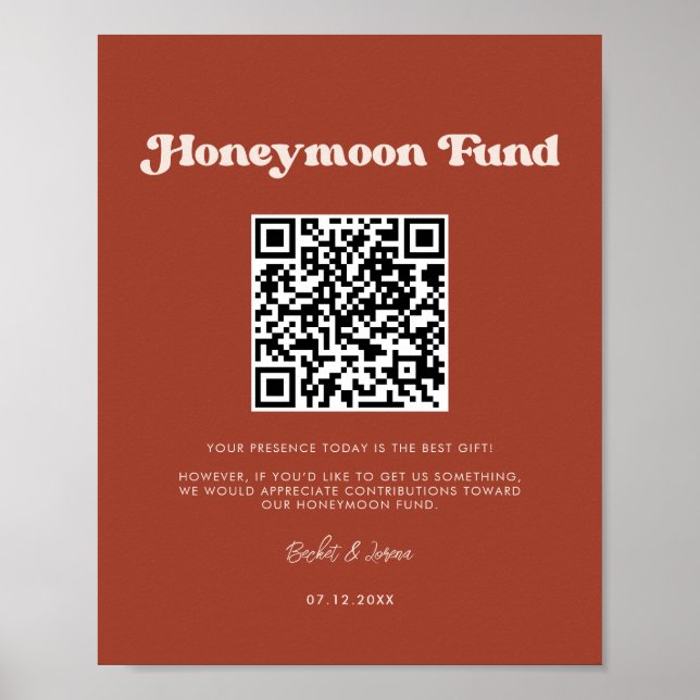 Stylish retro Terracotta Honeymoon fund QR code Poster (Front)