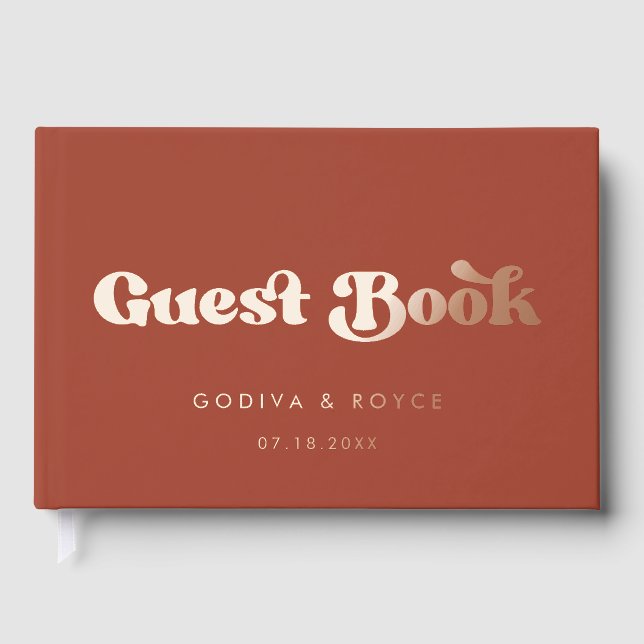 Stylish Retro Terracotta Rose Gold Foil wedding Guest Book (Front)