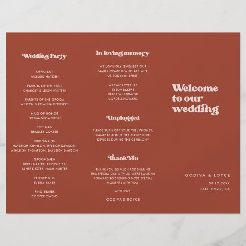 Stylish retro Terracotta Trifold Wedding Program Flyer