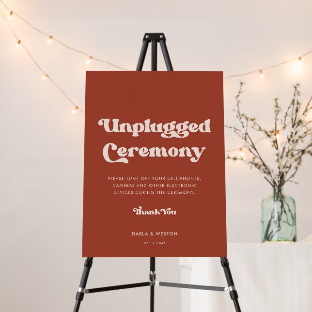 Stylish retro terracotta Unplugged ceremony Sign (In Situ (Stand))