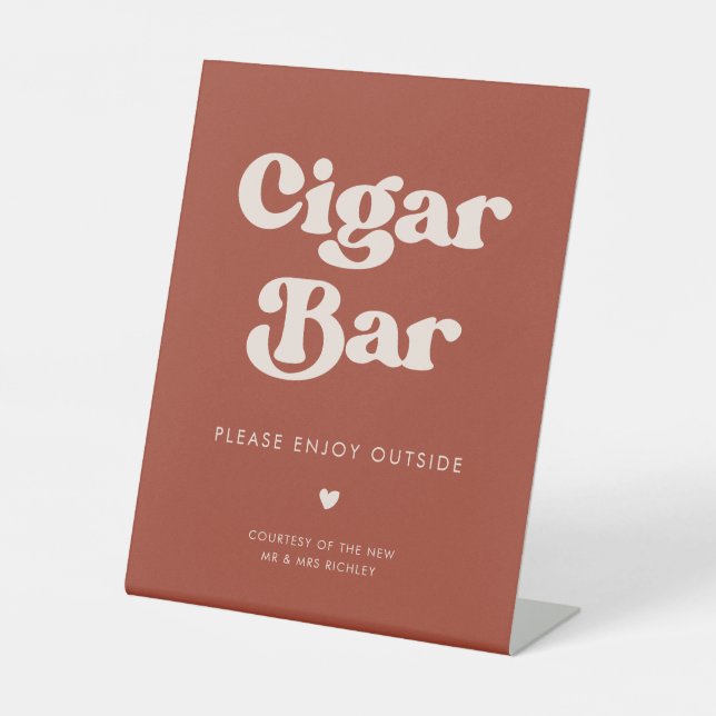 Stylish retro Terracotta Wedding Cigar Bar Pedestal Sign (Front)