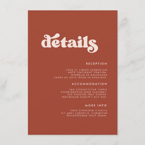 Stylish retro terracotta wedding details enclosure card