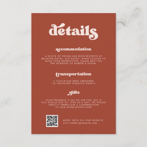 Stylish retro Terracotta Wedding Details QR code Enclosure Card