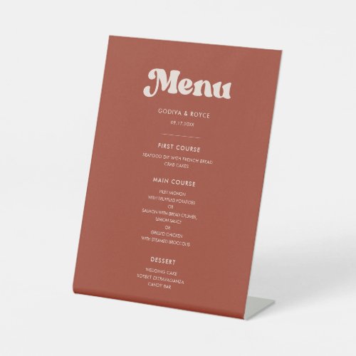 Stylish retro terracotta wedding menu pedestal sign