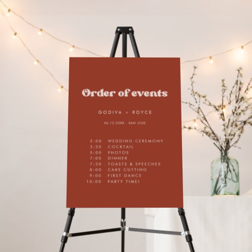 Stylish retro Terracotta Wedding Order of events Foam Board