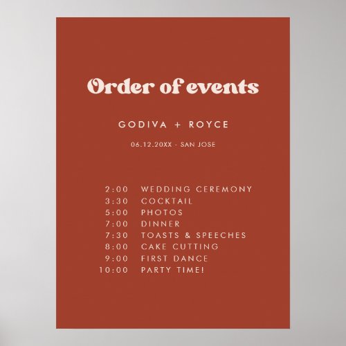Stylish retro Terracotta Wedding Order of events Poster