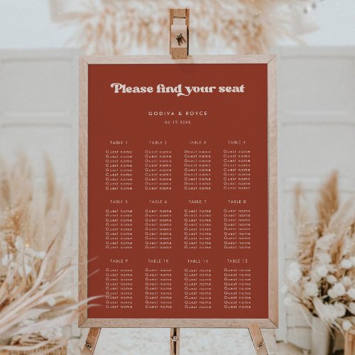 Stylish retro terracotta wedding seating chart