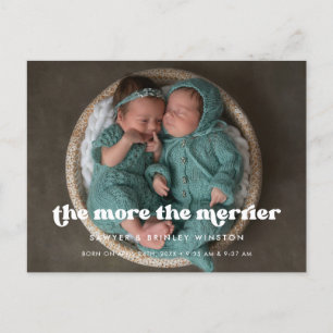 Stylish retro The More The Merrier Birth Photo Postcard
