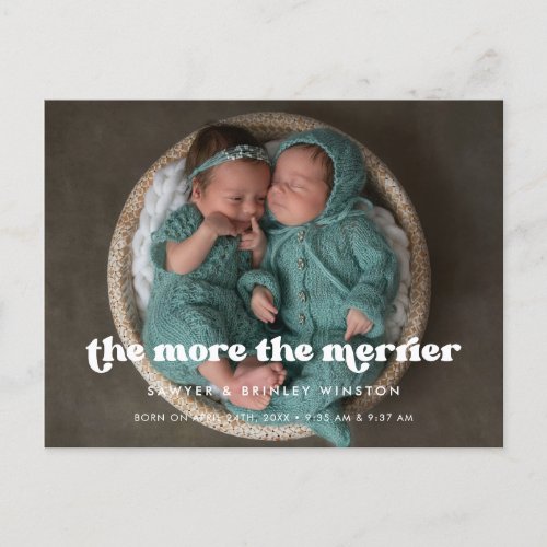 Stylish retro The More The Merrier Birth Photo Postcard