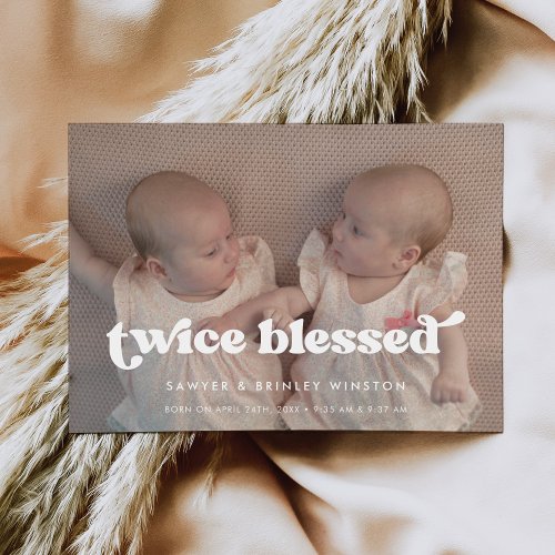 Stylish retro Twice Blessed Twins Birth photo Announcement