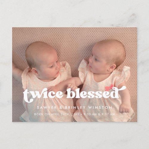 Stylish retro Twice Blessed Twins Birth photo Postcard