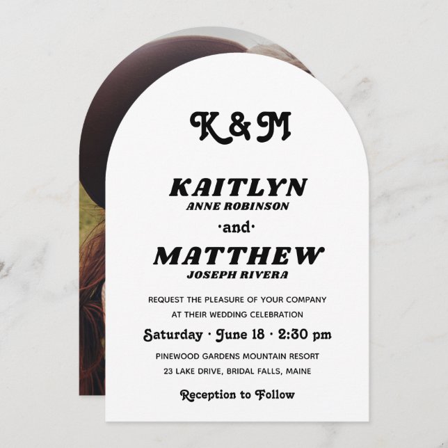Stylish Retro Typography Monogram Photo Wedding Invitation (Front/Back)
