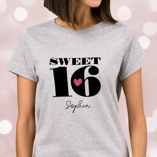 Stylish Retro Typography Sweet Sixteen Black Pink T_Shirt