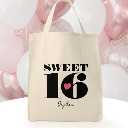 Stylish Retro Typography Sweet Sixteen Black Pink Tote Bag