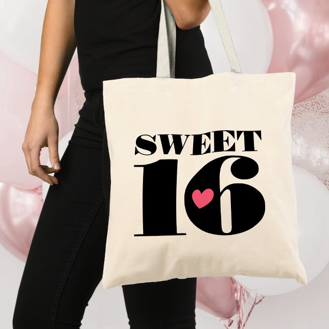Stylish Retro Typography Sweet Sixteen Black Pink Tote Bag (Creator Uploaded)