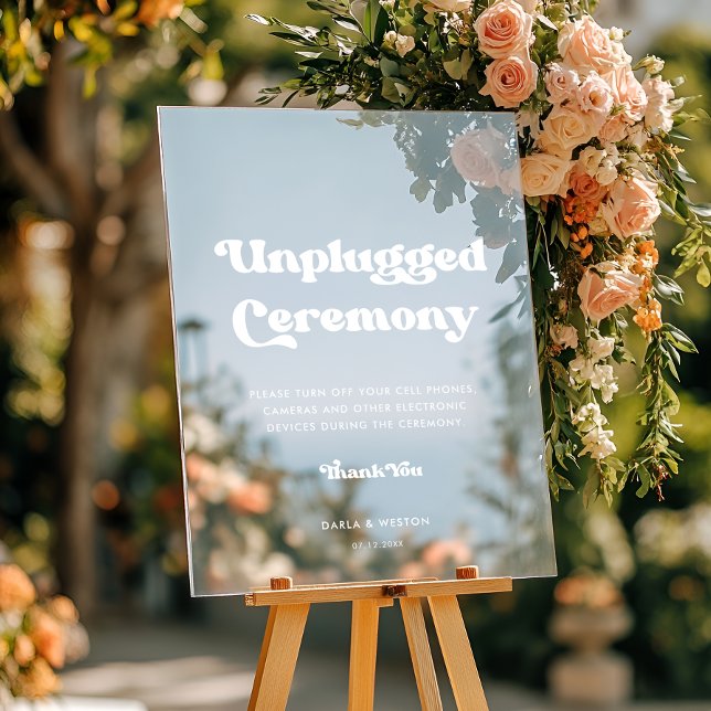 Stylish retro Unplugged ceremony wedding Clear Acrylic Sign (Creator Uploaded)