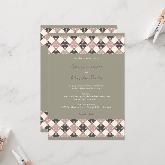 Stylish Retro Vintage Art Deco Pattern Wedding Invitation (Front/Back In Situ)