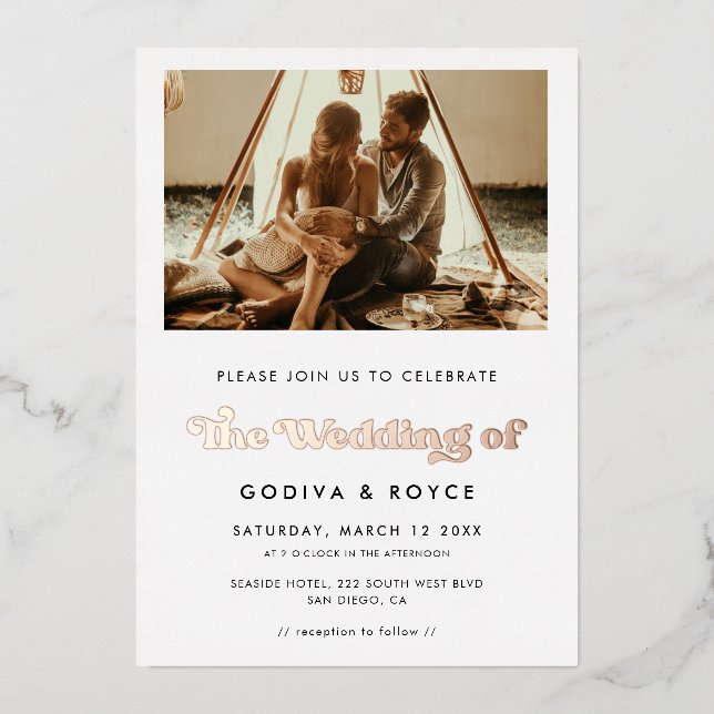 Stylish Retro Wedding Photo Foil Invitation (Front)