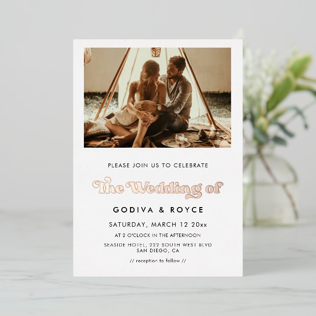 Stylish retro wedding photo rose gold foil invitation (Standing Front)