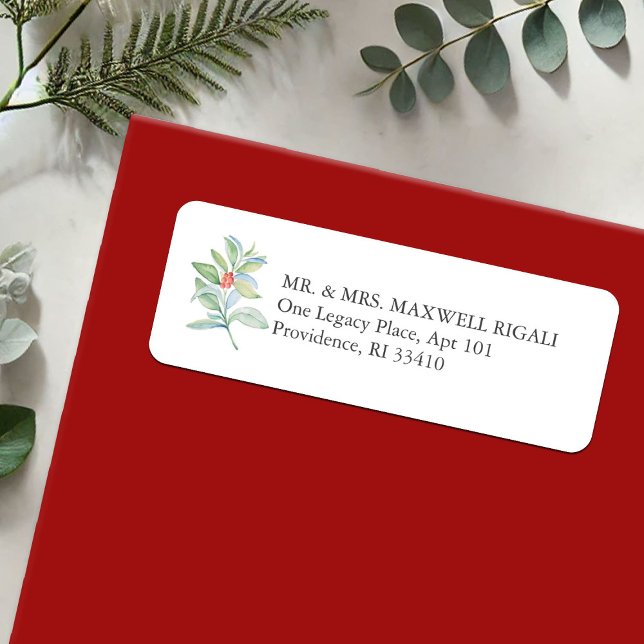 Stylish Return Address Labels Christmas (Christmas return address labels watercolor red and green foliage and berries by Victoria Grigaliunas)