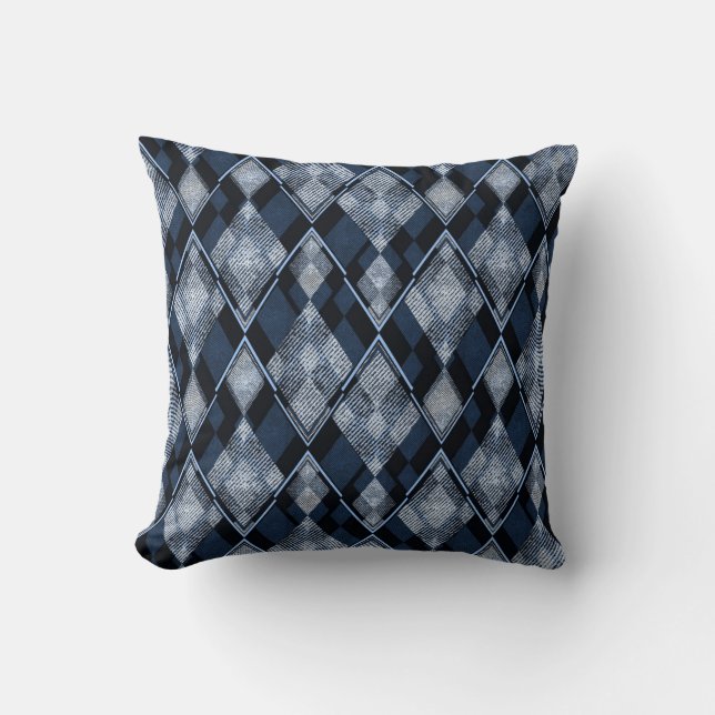 Stylish rhombic classic blue grey trendy textured throw pillow (Front)