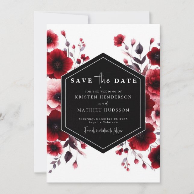 Stylish Romance Crimson Red Wedding Save The Date (Front)