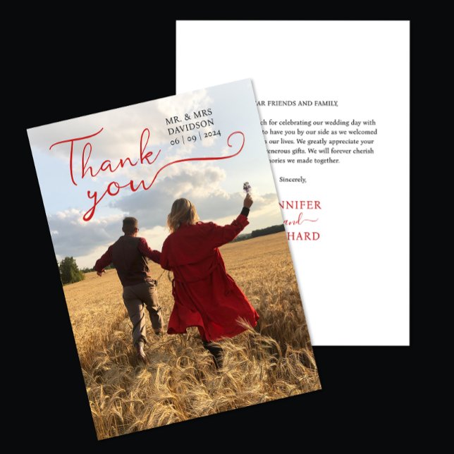 Stylish Romantic Chic Red Script Calligraphy Photo Thank You Card (Creator Uploaded)