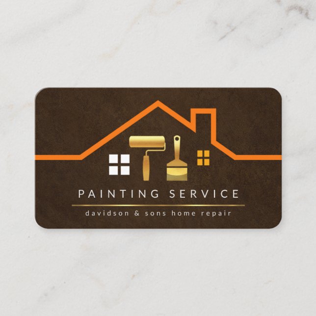 Stylish Rooftop Building Gold Handyman Brush Business Card (Front)
