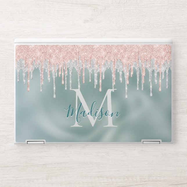 Stylish rose blush mint dripping monogram HP laptop skin (Front)
