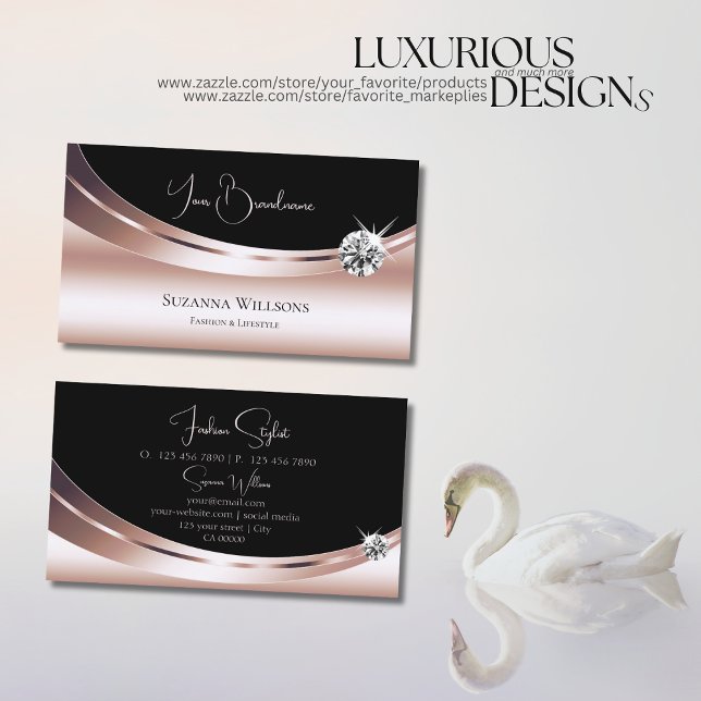 Stylish Rose Gold and Black with Sparkly Diamond Business Card (Creator Uploaded)