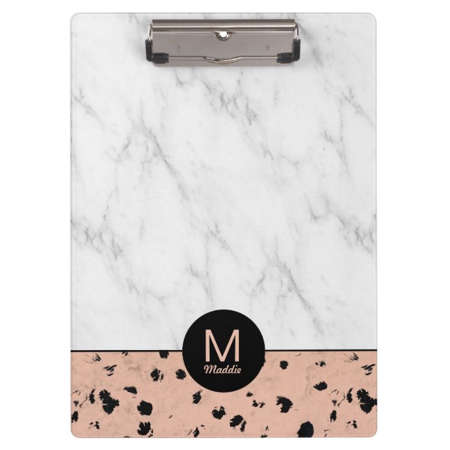 Stylish Rose Gold and Marble Pattern with Monogram Clipboard (Front)