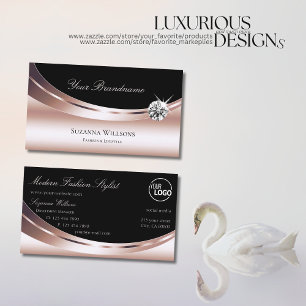 Stylish Rose Gold Black with Logo Sparkle Diamond Business Card