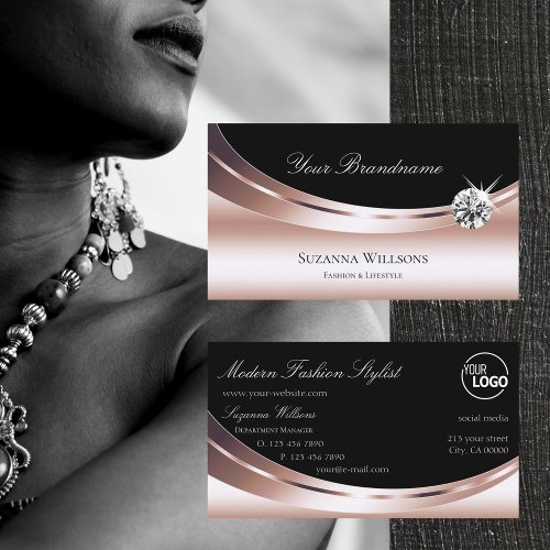 Stylish Rose Gold Black with Logo Sparkle Diamond Business Card