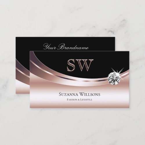 Stylish Rose Gold Black with Monogram and Diamond Business Card