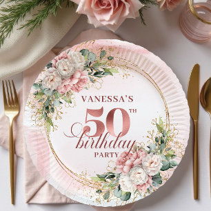 Stylish Rose Gold Blush Peonies 50th Birthday  Paper Plates
