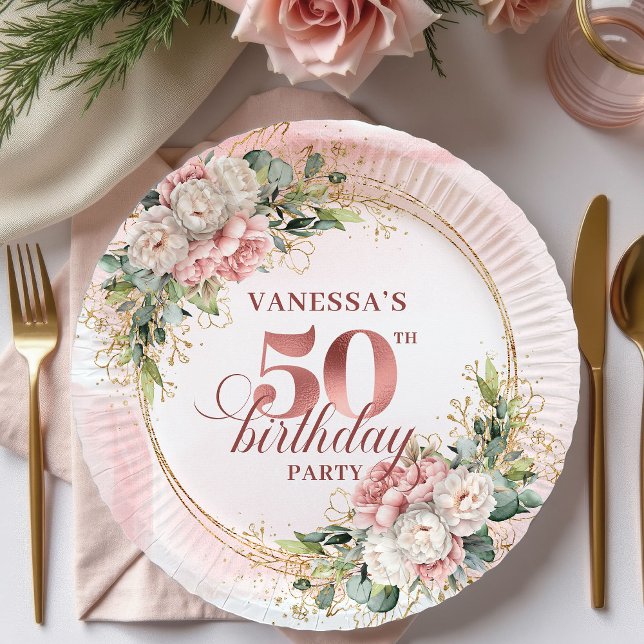 Stylish Rose Gold Blush Peonies 50th Birthday  Paper Plates (Stylish Rose Gold Blush Peonies 50th Birthday Dinner Paper Plates

)